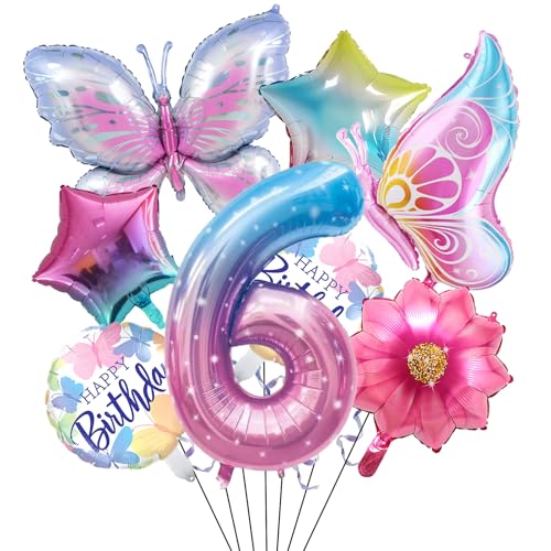 Schmetterlinge Deko 6. Geburtstag Mädchen, Schmetterling Geburtstag 6 Jahre Mädchen Deko mit Folienballon 6 und Schmetterling Luftballons, Deko Luftballon 6 Geburtstag für Schmetterling Themen Party von ALEGRE