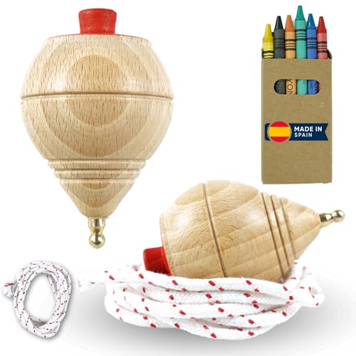 AF® Kreisel aus Holz, Set mit 2 Kreiseln für Kinder + 6 Buntstifte für Kinder, personalisieren Sie Ihren traditionellen Trompo aus Holz von ALEJANDRO FUENTES