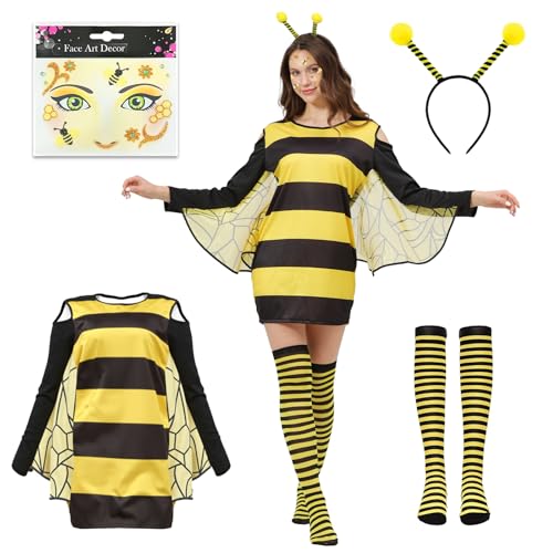 ALINILA Bienen Kostüm für Karneval Damen: Bienenkostüm Gestreifte Strümpfe Haarband und Aufkleber - Cosplay Bienenkleid für Erwachsene Fasching (Bienen, L) von ALINILA