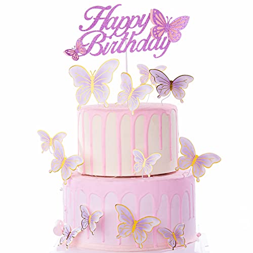 ALISSAR Glitter Lila Happy Birthday Kuchen Topper Set, Schmetterling Kuchen Topper und 16 Stück Schmetterling Cupcake Topper für Mädchen Damen Geburtstag Kuchen Party Dekorationen von ALISSAR