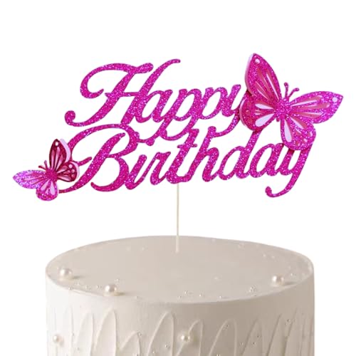 ALISSAR Hot Pink Happy Birthday Cake Topper mit Schmetterling, Hot Pink Cake Topper für Mädchen Damen Geburtstag Party Dekorationen von ALISSAR