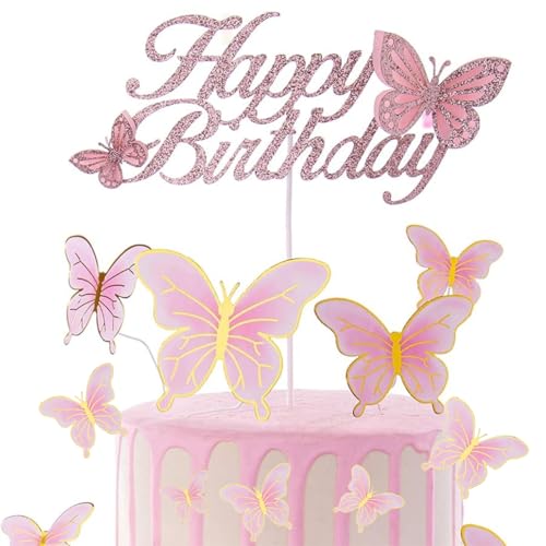 ALISSAR Rosegold Happy Birthday Cake Topper Set, Schmetterling Kuchen Topper und 16 Stück Schmetterling Cupcake Toppers für Mädchen Damen Geburtstag Kuchen Party Dekorationen von ALISSAR