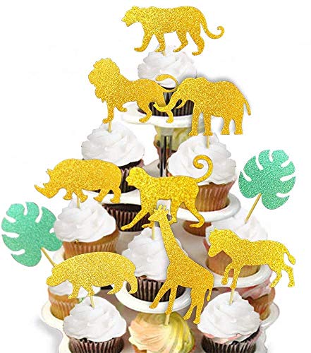 Cupcake-Topper mit glitzernden Safari-Dschungel-Tieren mit Blättern, Safari-Dschungelmotiv, Babyparty, Party, Kuchen, Lebensmittel-Dekoration, 40 Stück von ALISSAR