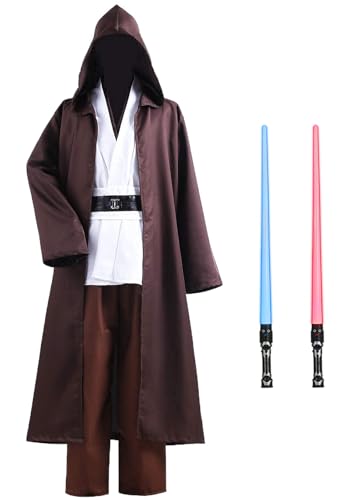 ALIZIWAY Unisex-Tunika, Jedi-Kostüm, Obi Wan Kenobi, Halloween, Cosplay, Kapuzenmantel, Umhang für Erwachsene, mit Lichtschwert, Y056L von ALIZIWAY