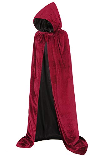 Unisex Umhang mit Kapuze, voller langer Samt-Umhang für Halloween, Cosplay-Kostüme, Wendbar, Burgunderroter Samt und schwarzer Satin, L von ALIZIWAY