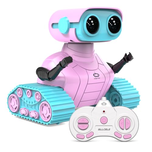 ALLCELE Roboter Kinder Spielzeug,wiederaufladbarer Ferngesteuerter Roboter mit LED-Augenmusik und lustigen Klängen für 3 4 5 6 7 8 jährige Mädchen Pink Blau von ALLCELE