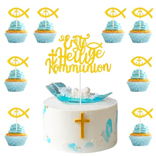 Erste Heilige Kommunion Tortendeko 9 Stück Glitzer Kommunion Cake Topper Fische Cupcake Toppers Taufe Tortenaufsatz für Junge und Mädchen Kommunion Taufe Konfirmation Kuchen Deko E7JSSCCP von ALLY-MAGIC