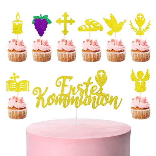 ALLY-MAGIC Erstkommunion Tortendeko, Erste Heilige Kommunion Cupcake Toppers Taufe Torten Topper für Erste Kommunion Taufe Geburtstag Party Cupcake Picks Supplies E4SCCP von ALLY-MAGIC