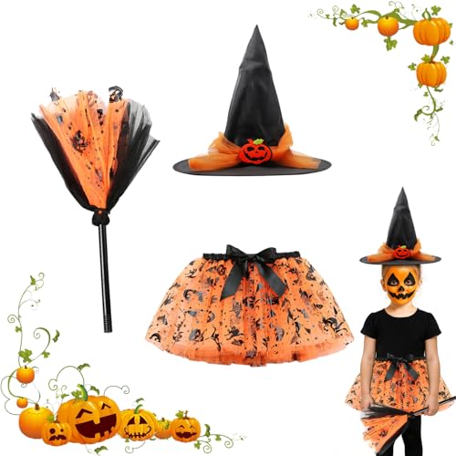 ALLY-MAGIC Halloween Hexe Tutu Outfit, 3-teiliges Hexenkostüm-Set mit Hut, Rock, Besen für Kinder, Mädchen, Halloween, Cosplay, Party, Y8WSZBSJT ALLY-MAGIC Halloween Hexe Tutu Outfit, 3-teiliges Hexenkostüm-Set mit Hut, Rock, Besen für Kinder, Mädchen, Halloween, Cosplay, Party, Y8WSZBSJT von ALLY-MAGIC