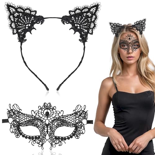 ALLY-MAGIC Kostüm-Set für Damen und Mädchen, Augenmaske, venezianische Spitze, für Halloween, mit Haarreif, Katzenohren, bezaubernd, Kostüm-Dekoration für Karneval, Abend, Party, F6-LSFGYZ von ALLY-MAGIC