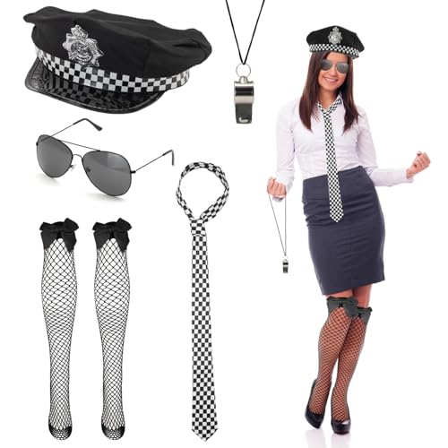 ALLY-MAGIC Polizei-Kostüm-Zubehör-Set für Halloween, Kostümparty mit Erwachsenen-Polizeihut, Strumpfhose, Krawatte, Pfeife, schwarze Brille für Männer und Frauen, Polizisten, Halloween-Partys, von ALLY-MAGIC