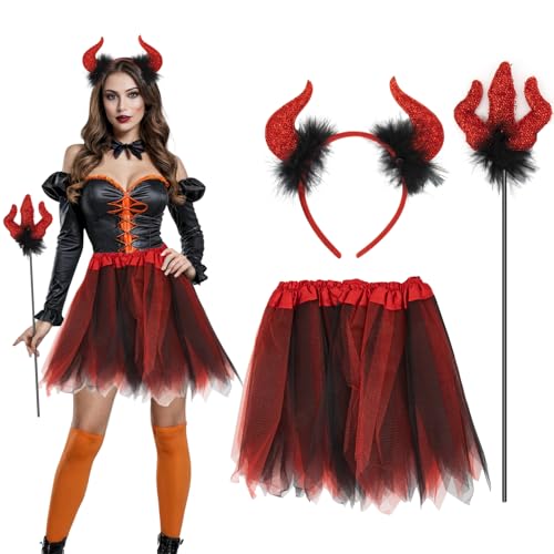 ALLY-MAGIC Y7CREMTZ Teufelskostüm für Damen, 3-teilig, rote Teufelshörner und Gabel, Tutu-Rock, Set, Teufelskostüm, Stirnband, Halloween-Outfit für Erwachsene, Halloween, Fasching, Cosplay-Zubehör von ALLY-MAGIC