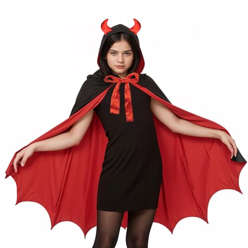 Teufelskostüm, Vampirkostüm, Halloween-Vampir-Umhang, schwarz-roter Teufel-Umhang mit Kapuze, Umhang für Herren und Damen, Halloween-Kostüm, Halloween, Party, Cosplay, Bühnenaufführung, Dekoration, von ALLY-MAGIC