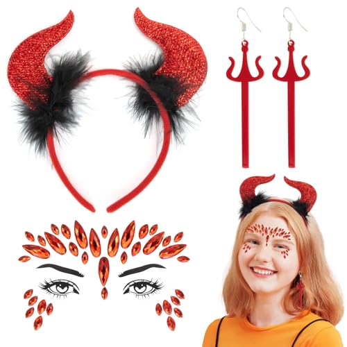 Y7EMFGLTEH Halloween-Teufelshörner Haarreif, rote Teufelshörner und Gesicht, Edelsteine, Ohrringe, Set, Teufel, Halloween-Kostüm, Zubehör für Halloween, Fasching, Cosplay, 3 Stück von ALLY-MAGIC