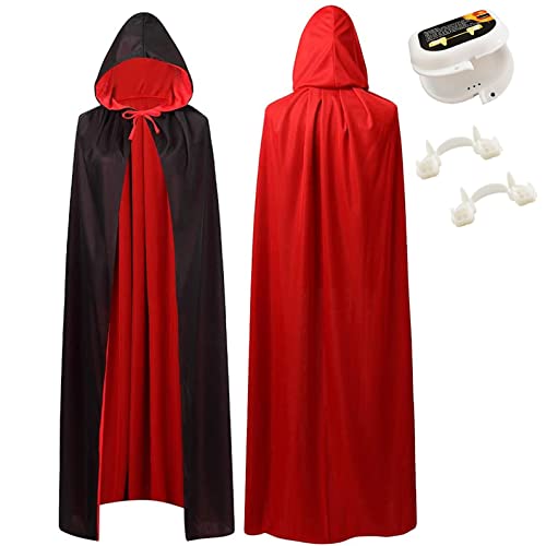 ALMDA Halloween Vampir Umhang Kostüm, Umhang mit Kapuze Schwarz Rot Doppelseitig, Mittelalter Vampir Kostüm Erwachsene Herren Damen, mit Vampirzähne von ALMDA