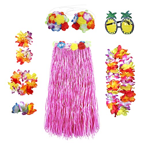 ALMDA Hawaiian Hula 8 Set, Damen Tropical Dance mit Girlanden und Ananas-Brille, Sommer Hawaii Strand Tropische Fasching Party Kostüm (Rosa) von ALMDA