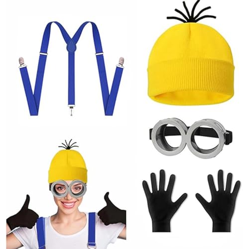 ALNILK 4 Stück Karneval Kostüm Kinder/Erwachsener: Minon Cosplay Brille Handschuhe Knöpfe Hosenträger Party Karneval Kostüm Damen Herren Kostüm Zubehör,Gelbe Mütze von ALNILK