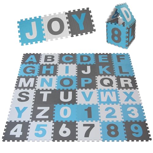 ALPIDEX Kinder Puzzlematten 86-teilig | Buchstaben & Zahlen | 36 Matten - 30 x 30 x 1cm | Spielteppich Baby Krabbelmatte Kinderteppich Puzzle Lernteppich XXL Bunt, Farbe: Blau von ALPIDEX