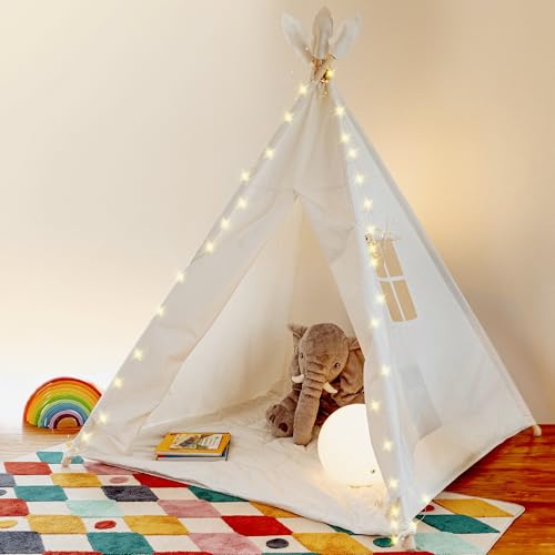 ALRITHO® Tipi Zelt für Kinder aus 100% Baumwolle & Holz inkl. Kuschelmatte, Tragetasche & Stabilisator | Spielzelt [weiß] | drinnen & draußen | Für viel Spaß im Kinderzimmer für Jungen & Mädchen von ALRITHO