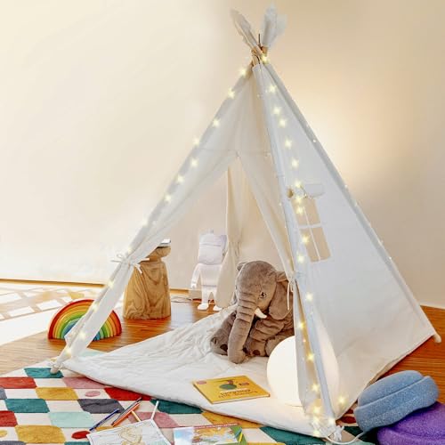 ALRITHO® Tipi Zelt für Kinder mit 2 Eingängen, ideal für kleinere Räume. Spielhaus aus 100% Baumwolle inkl. Kuschelmatte, Tragetasche & Stabilisator [weiß] | Teepee Spielzelt für Jungen & Mädchen von ALRITHO