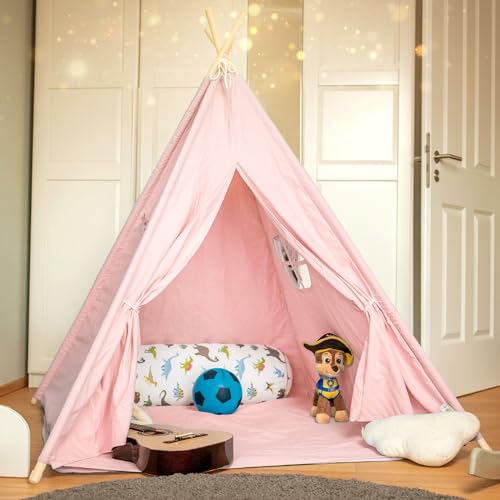 ALRITHO® Tipi Zelt für Kinder aus 100% Baumwolle & Holz inkl. Kuschelmatte, Tragetasche & Stabilisator | Spielzelt [rosa] | drinnen & draußen | Für viel Spaß im Kinderzimmer für Jungen & Mädchen von ALRITHO