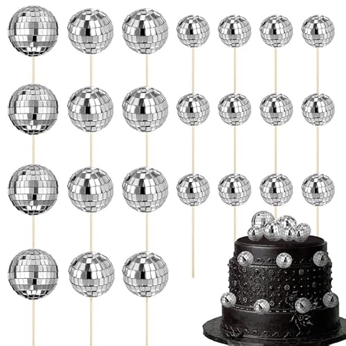 ALTcompluser 24 Stück Discokugel Tortendeko Kuchen Toppers 1970S Mini Disco Ball Cupcake Kuchentopper Deko Disco Ball Cake Toppers für Geburtstag Kuchendekoration Disco-Thema Party Zubehör(Silber) von ALTcompluser