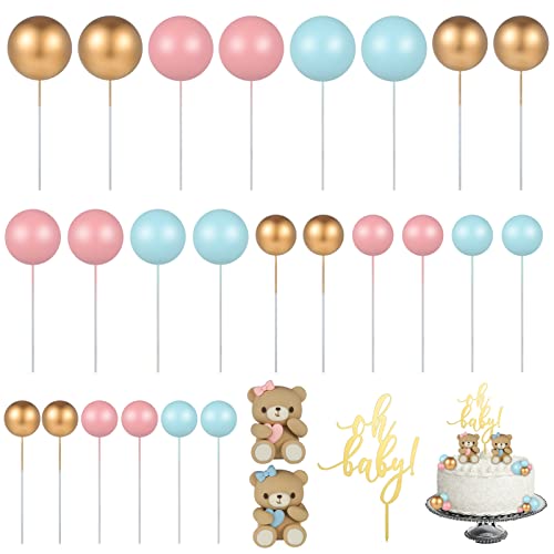 ALTcompluser 27 Stück Süße Bär Tortendeko Kugeln mit Oh Baby Cake Topper Gold DIY Schaumkugeln Kuchen Topper für Jungen Mädchen Gender Reveal Party Deko Babyparty Hochzeitstag(Blau/Rosa/Gold) von ALTcompluser