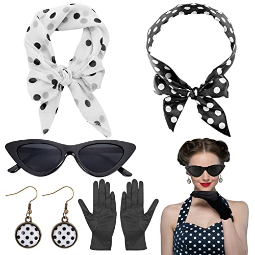 ALTcompluser 5TLG Rockabilly Accessoires 50er Jahre Damen Kleid Zubehör 1950s Zeitreise Kostüm Damen mit Schal Katzen Auge Brille Polka Dot Bandana Krawatte Stirnband Ohrringe Ohrstecker(Schwarz) von ALTcompluser