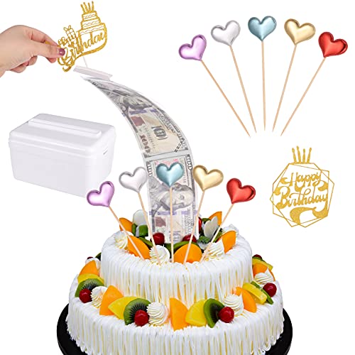 ALTcompluser Kuchen Geburtstag Spardose Geld Ziehen mit 100 Stück Klarsichtbeutel, 2 Happy Birthday und 5 Herz CakeTopper, Tortendeko Geburtstag Mädchen, Kuchen Deko für Größe in 8 Zoll oder Größere von ALTcompluser