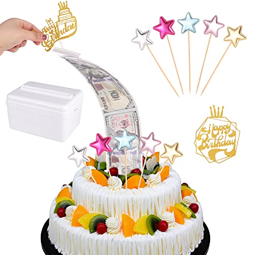 ALTcompluser Kuchen Spardose Geld Ziehen Kuchen Geburtstag Spardose Tortendeko Set mit 100 Stück Klarsichtbeutel 2 pcs Happy Birthday und 5pcs Stern Cake Toppers Kuchen Größe in 8 Zoll oder Größere von ALTcompluser