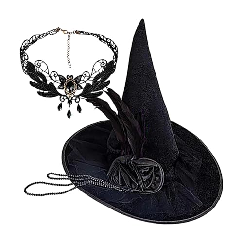 ALWIDA Halloween-Kostüm-Hüte für Damen, elegantes Halloween-Kostüm, Hexenhut, schwarzer Halloween-Hut, Cosplay, Zaubererhut, Mütze, Halloween-Hut mit Halskette, Zaubererhut für Damen, Teenager, von ALWIDA