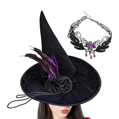 ALWIDA Halloween-Kostüm-Hüte für Damen, elegantes Halloween-Kostüm, Hexenhut, schwarzer Halloween-Hut, Cosplay, Zaubererhut, Mütze, Halloween-Hut mit Halskette, Zaubererhut für Damen, Teenager, von ALWIDA