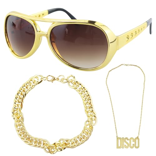 AMANDELIZABE 3 Stück Disco Kette Gold Accessoire Set, Fancy Dress Gold Kette Rapper Kostüm, Outfit Karneval Thema Party, Disco Gold Kette & Party Brille Set (Gold) von AMANDELIZABE