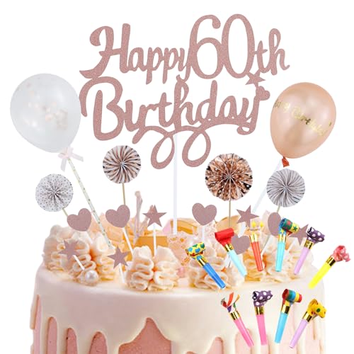 Tortendeko 60 Geburtstag Deko Kuchen Topper 60 Kuchen Deko 60 Geburtstag Frau Happy Birthday 60 Tortendeko 60 Jahre Frau Kuchendeko 60. Geburtstag Frau (Roségold), mit 10 Bonbonfarbene Pfeife von AMANDELIZABE