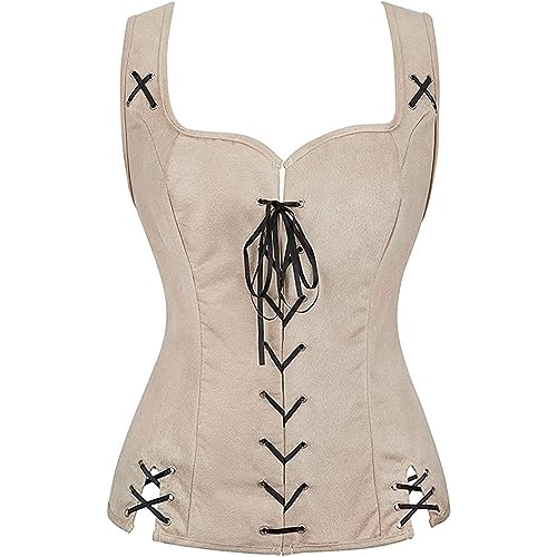 AMCOIN Damen-Kostüm Aus Wildleder Zum Schnüren Crew-Kostüm Mittelalterliches Renaissance-Kostüm Damen-Kostüm Zum Schnüren Weste Korsett Halloween-Kostüm (Beige,L) von AMCOIN