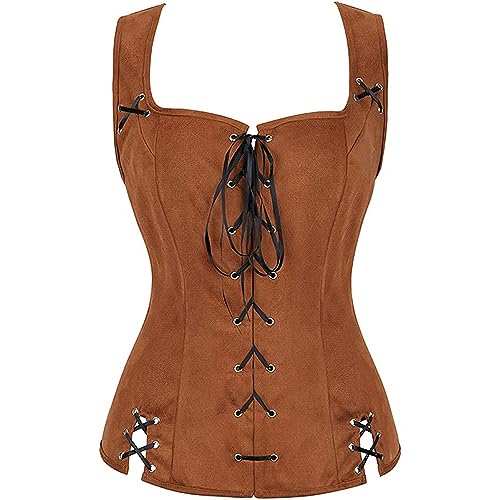 AMCOIN Damen-Kostüm Aus Wildleder Zum Schnüren Crew-Kostüm Mittelalterliches Renaissance-Kostüm Damen-Kostüm Zum Schnüren Weste Korsett Halloween-Kostüm (Braun,2XL) von AMCOIN