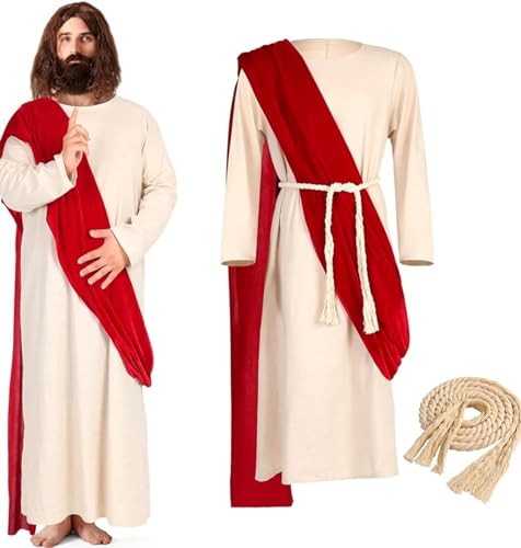 Halloween-Jesus-Kostüm Für Erwachsene Jesus-Robe Christus-Kostüm Inklusive Rotem Schal Taillenseil Für Halloween (A-1,3XL) von AMCOIN