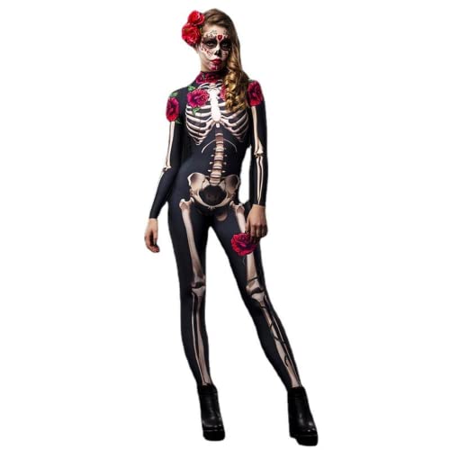 AMCYT Damen Halloween Horror Schädel Cosplay Kostüm Kinderkleidung Erwachsene Rose Blume Skelett Overall (Damen,L) von AMCYT