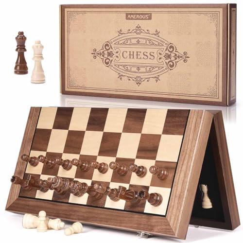 AMEROUS 15 Inches Magnetic Wooden Chess Set with 2 Extra Queens/Folding Board/Chess Pieces Storage Slots/Instructions, Portable Travel Chess Game for Beginner/Classic Board Game von AMEROUS