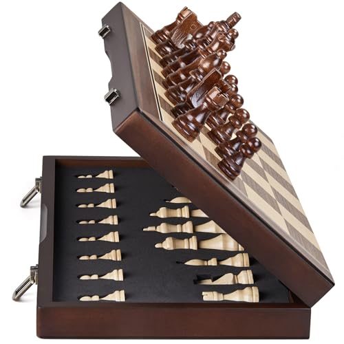 AMEROUS Magnetisches Holzschach-Set für Erwachsene und Kinder, 38,1 cm, Schachbrettspiel-Set mit Klappbrett, Geschenkpaket, Aufbewahrungsschlitzen, handgefertigte Teile, Schach-Set für von AMEROUS