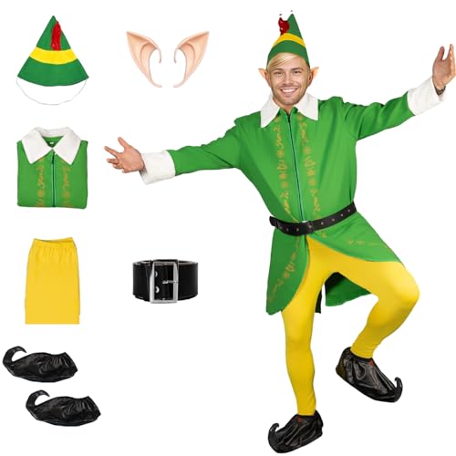 AMHSCOCA Weihnachtsmann-Kostüm, 9-teiliges Weihnachtsmann-Kostüm für Herren mit Bart, Mütze, Stiefeln, Handschuhen, Weihnachtsmann-Anzug-Set (Elfe, 6 Stück, groß) von AMHSCOCA