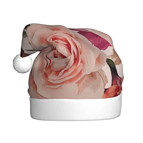 AMINNU Pink Flowerand Rose Santa Claus Mützen Erwachsene Weihnachtsmützen Unisex Plüsch Weihnachtsmützen Neujahr Festlich Party Supplies von AMINNU