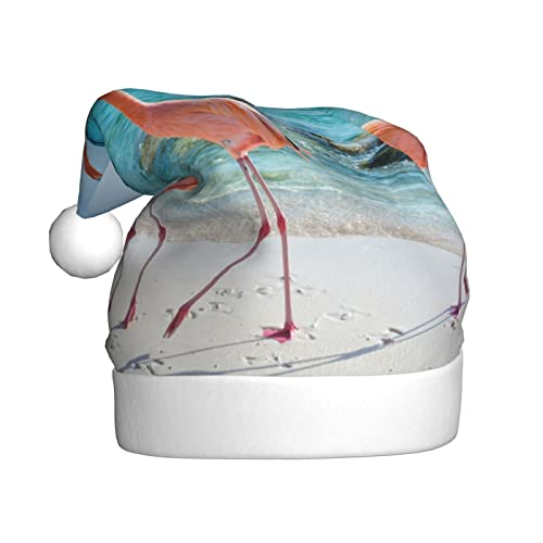 AMINNU Rosa Flamingo am Strand Weihnachtsmann Hüte Erwachsene Weihnachtsmützen Unisex Plüsch Weihnachtsmützen Neujahr Festlich Party Supplies von AMINNU