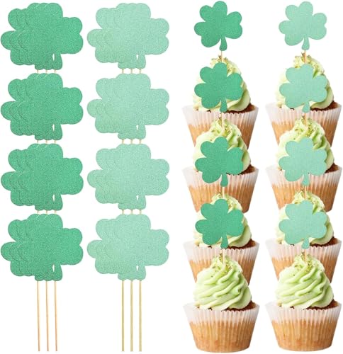 AMJKEJI Cupcake-Topper Kleeblatt, St. Patrick's Day, Party-Kuchendekoration, glitzerndes grünes Kleeblatt, Cupcake-Picks für Glück, 36 Stück von AMJKEJI