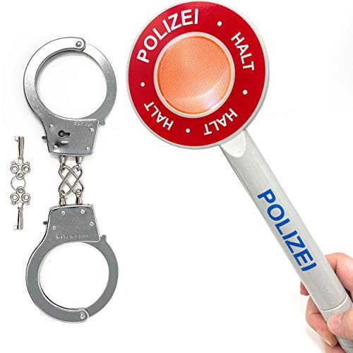 AMLI Polizei Handschellen & Polizeikelle Kinder Set - Polizeiset Metall Handschellen und Kelle als Spielset | Karneval Polizei Ausrüstung für Kinder | Spielzeug Polizeikelle mit Handfesseln von AMLI