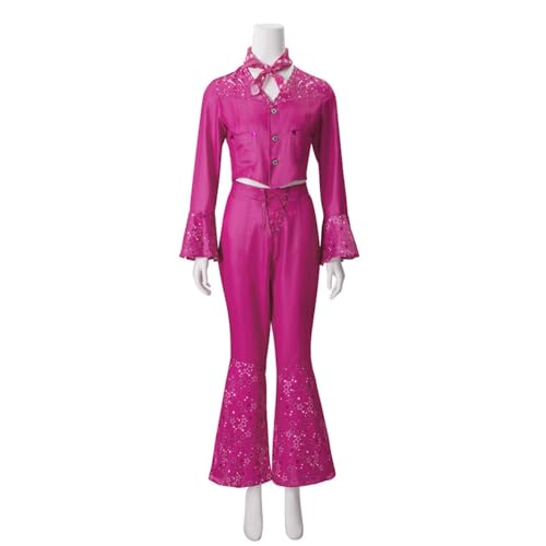 AMMICCO Damen Mädchen Barbie Kostüme 70er 80er Hippie Disco Film Barbie Kostüm Rosa Flare Hose Langarm Cosplay Halloween Karneval (Damen L) von AMMICCO