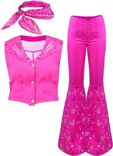 AMMICCO Damen Mädchen Barbie Kostüme 70er 80er Hippie Disco Film Barbie Kostüm Rose ausgestellte Hose Cosplay Halloween Karneval (S(150-155cm)) von AMMICCO