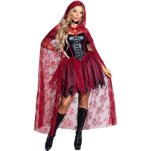 AMMICCO Halloween-Kostüm Rotkäppchen Damen Kostüm Spitze Rot Vampir Umhang mit Kapuze Kleid Karneval Halloween Erwachsene Cosplay Kostüm (L) von AMMICCO