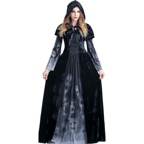 AMMICCO Halloween Seelenkostüm Frauen Vampirkönigin Hexe Kleid mit Umhang Schwarz Grau Geister Zombie Kostüm Kleid lang Schädel Cosplay (S) von AMMICCO