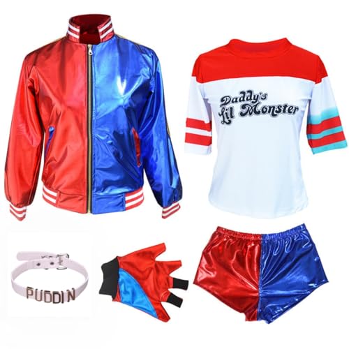 AMMICCO Kostüm Harley Squad Kostüm Mädchen Damen Cosplay Joker Girls Women Kostüm Quinn Sweatshirt Mantel T-Shirt Shorts Handschuhe für Kinder Erwachsene Party Karneval Halloween Geschenk Cosplay (140 von AMMICCO